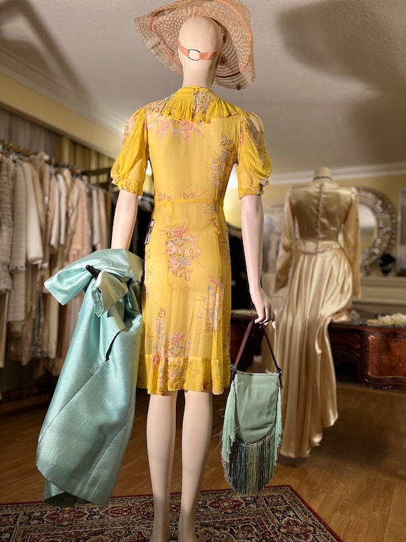 1930s Art Deco Yellow Floral Silk Chiffon Dress S… - image 2