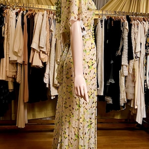 1930s Authentic Art Deco Green, Yellow n Brown Floral Silk Chiffon Great Gatsby Gown Found in Toronto Sz S