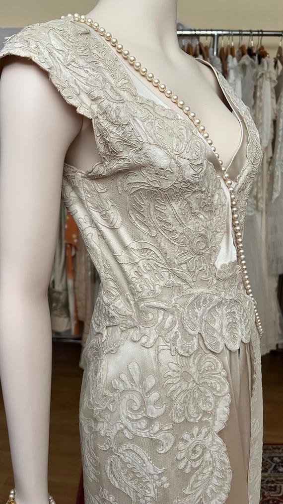 1950s “Elle Part Pour l’Europe” | Ivory Silk &  French Guipure Lace Gown | Audrey Hepburn Era Elegance | A Divine Decadence Original Sz P View 3