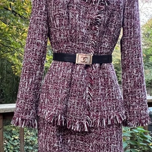 2000’s Oscar de la Renta Burgundy/Black & White Wool Cotton Tweed Skirt Suit.