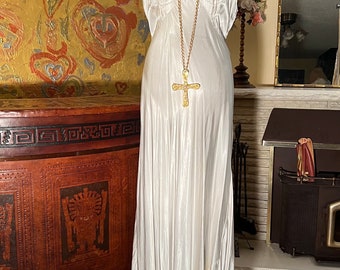 1920s Liquid-Silk Like Art Deco Bias Cut White Bridal Satin & French Chantilly Lace Vintage Couture Dress