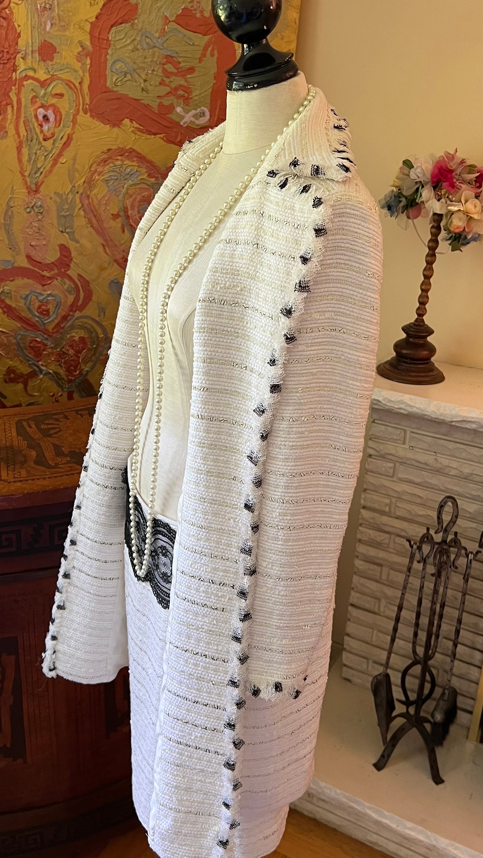 2000's Carolina Herrera New York White and Black Vintage Couture Sequined Jacket & Skirt 2 Pce. Set