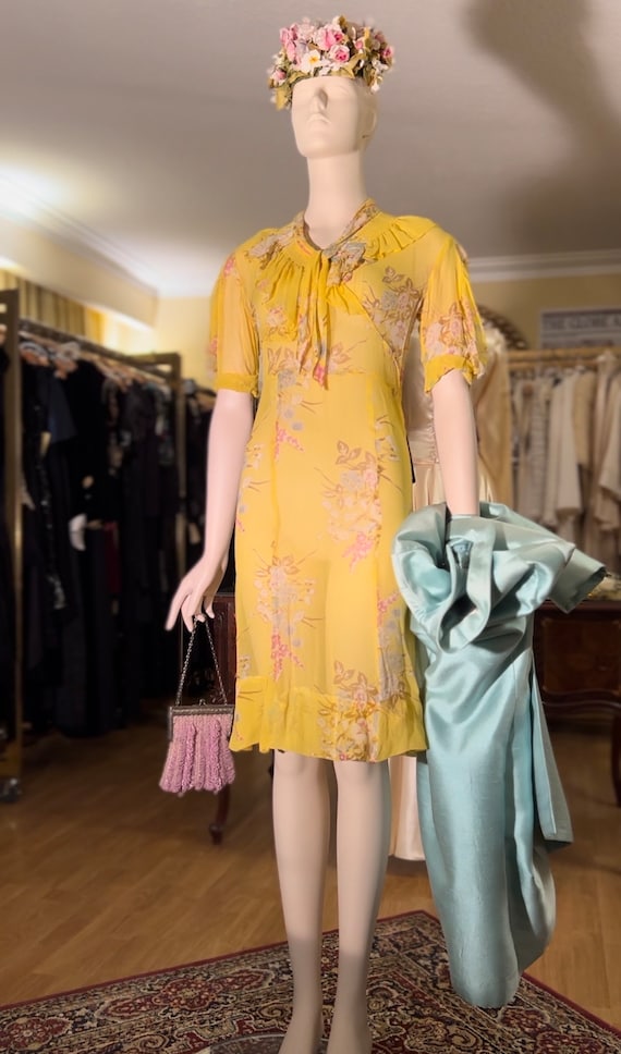 1930s Art Deco Yellow Floral Silk Chiffon Dress S… - image 8