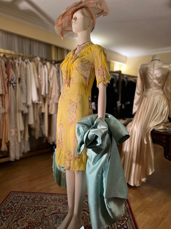 1930s Art Deco Yellow Floral Silk Chiffon Dress S… - image 3