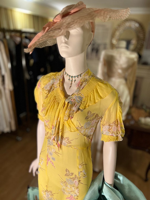 1930s Art Deco Yellow Floral Silk Chiffon Dress S… - image 4