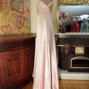 1950s Mid-Century Luxurious Pink Silk Peau de Soie w Hand Beaded Bohemian Czeck Crystals,Antique Paste n Pearls Floor Length Gala Gown SzS/M