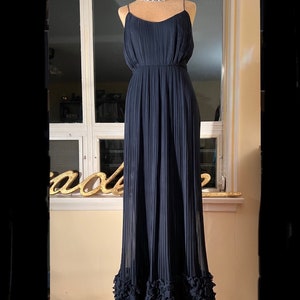 bergdorf goodman long evening dresses 1960s Luxurious Bergdorf Goodman Navy Silk Chiffon Multi Pleating Long Gown  Szs