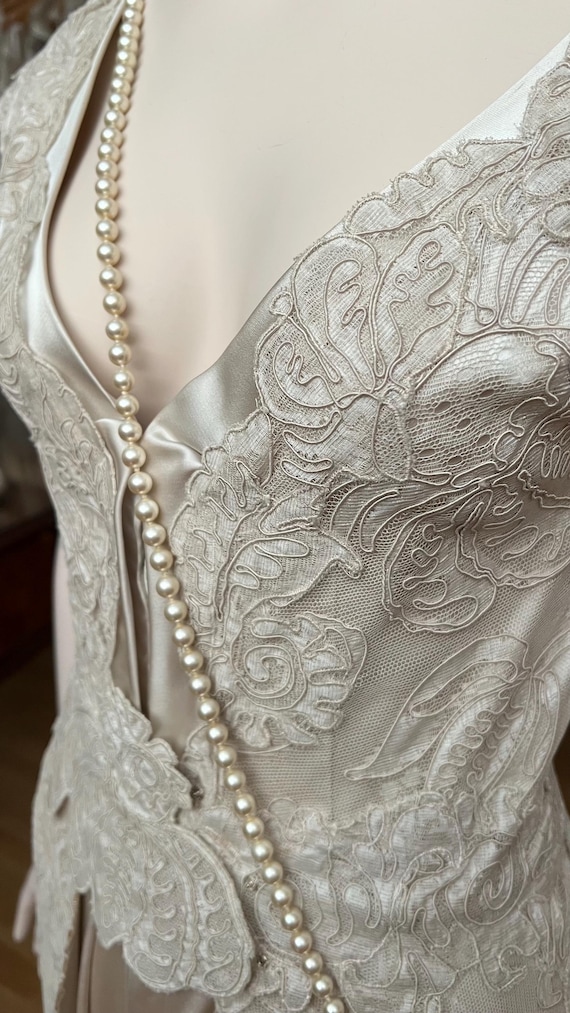 1950s “Elle Part Pour l’Europe” | Ivory Silk &  French Guipure Lace Gown | Audrey Hepburn Era Elegance | A Divine Decadence Original Sz P