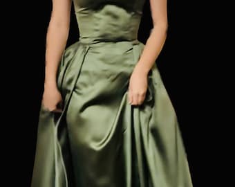 1940s Strapless Green Peau de Soie Satin Vintage Couture Ball Gown, Floor Length,  Made in England Sz Petite