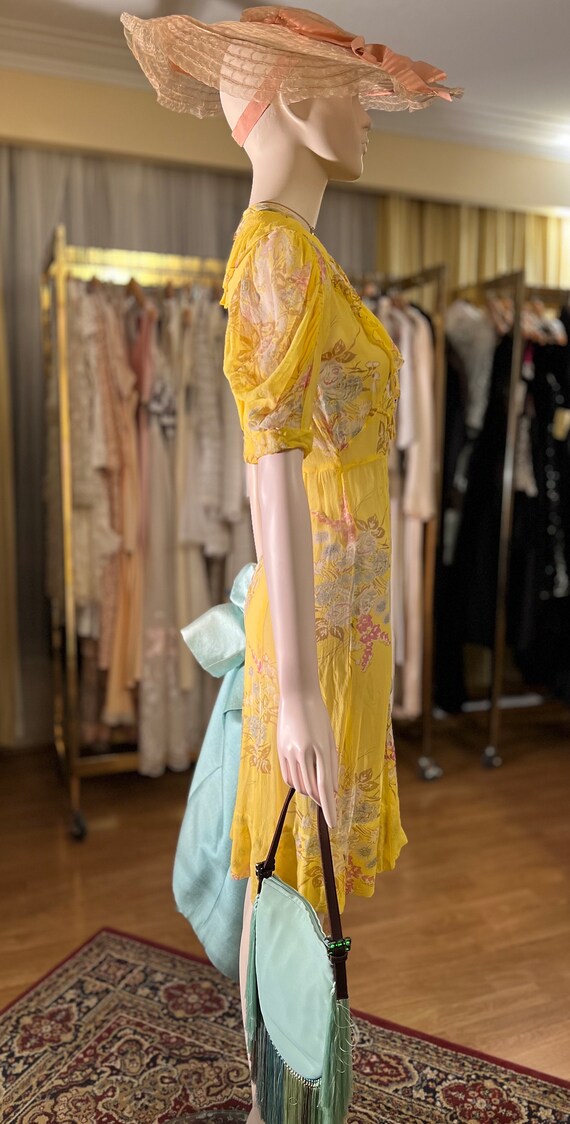 1930s Art Deco Yellow Floral Silk Chiffon Dress S… - image 7