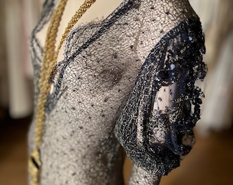 1980s Met-Gala Metallic Gold Mesh n Blue lace, Sequins n Puffy Sleeves Vintage Couture Gown British Designer fm London, England Sz P/S/M
