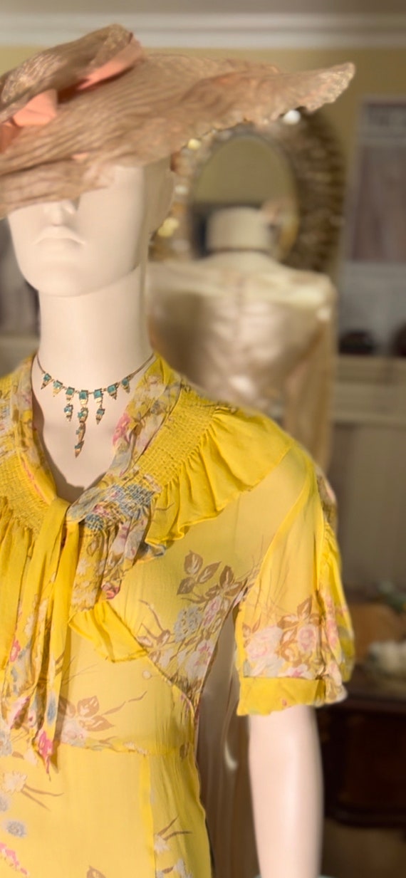 1930s Art Deco Yellow Floral Silk Chiffon Dress S… - image 9