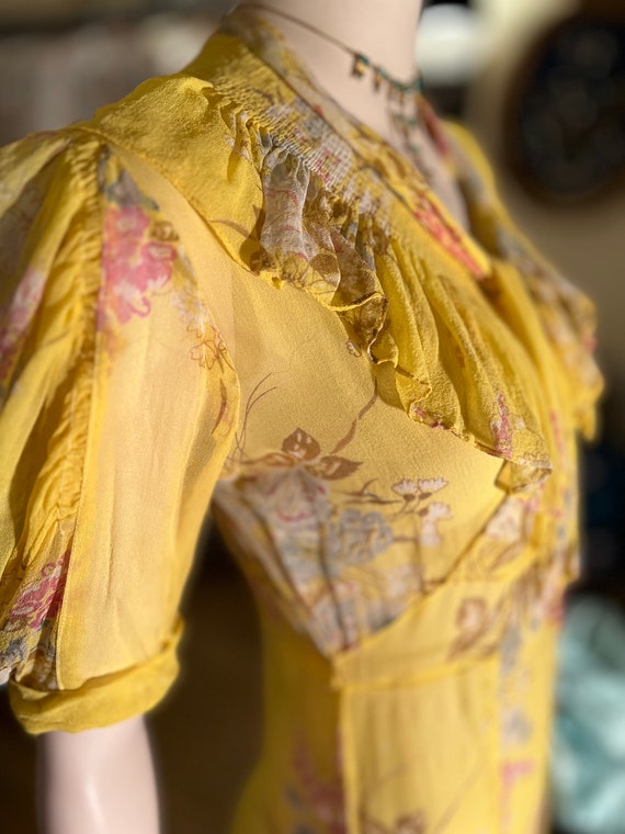 1930s Art Deco Yellow Floral Silk Chiffon Dress S… - image 6