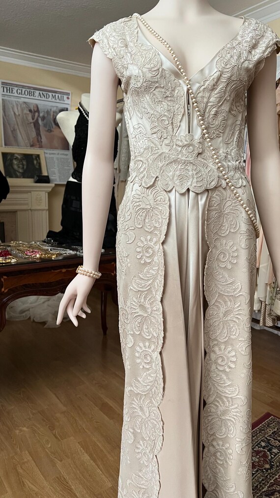 1950s “Elle Part Pour l’Europe” | Ivory Silk &  French Guipure Lace Gown | Audrey Hepburn Era Elegance | A Divine Decadence Original Sz P View 6