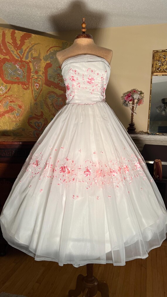 1950s Audrey Hepburn Strapless Pink Roses Organza Wedding Sz