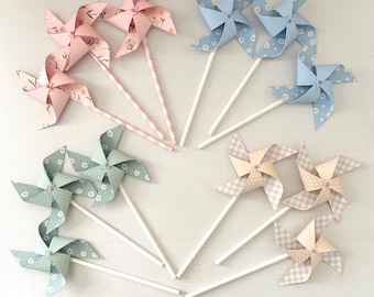 Pink, cream, light blue and sage or minty green pinwheels: Floral, gingham and dots