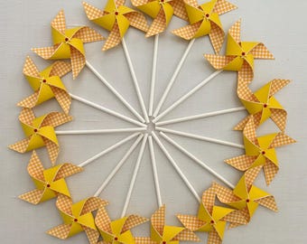 Picnic birthday pinwheels in bright yellow | Yellow gingham pinwheels | Gingham pinwheels | Garden party for kids birthday