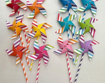 Thin stripes rainbow paper pinwheels for party favors