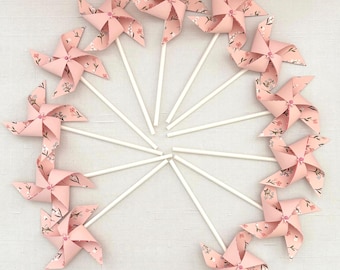 Pink floral paper pinwheels: First birthday favor and décor or Mother's Day celebration