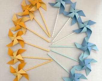 Retro yellow and blue pinwheels: Here comes the son, First trip around the sun, First birthday pinwheels, Baby showers