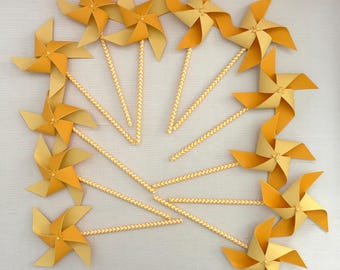 Retro yellow pinwheels: Here comes the son, First trip around the sun, First birthday pinwheels, Baby showers