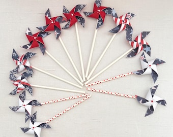 Mini spinning blue, red and white pinwheels in stars and stripes patterns