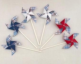 Boy birthday pinwheels | One little firecracker birthday, July 4th birthday | Red, blue and white pinwheels | Barbecue plaid