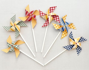 Gingham and stripes yellow, blue, red and green pinwheels: Picnic or garden party birthday pinwheels
