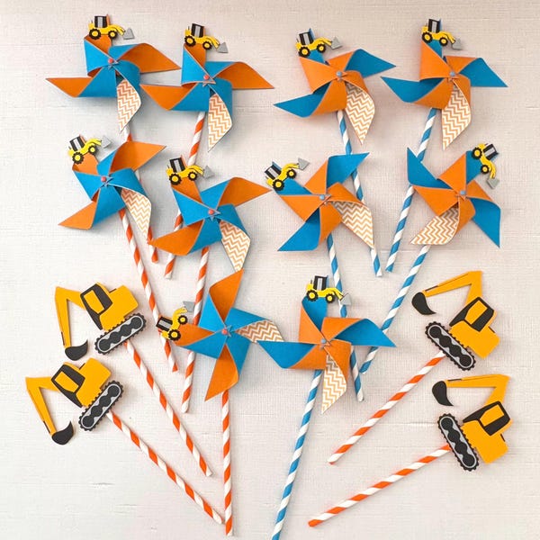 Orange and blue pinwheels construction party