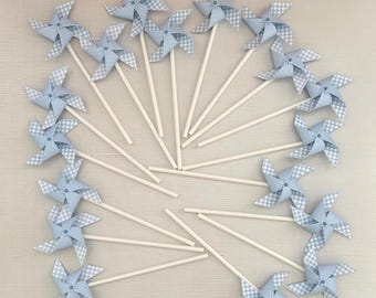 Blue gingham mini paper pinwheels | Baby shower, first birthday, boy pinwheels