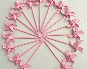 Mini Gingham Linen Pinwheels: Pink Party Favors, Girl Birthday