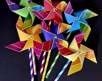 Stripe rainbow paper pinwheels for party favors