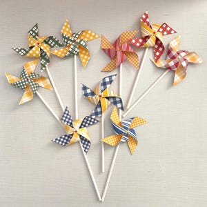 Gingham Picnic Pinwheels: Red, Yellow, Blue, and Green Party Decor