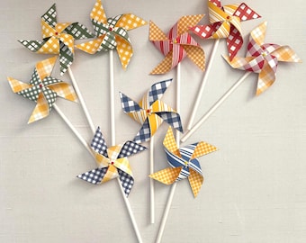 Gingham Picnic Pinwheels: Red, Yellow, Blue, and Green Party Decor