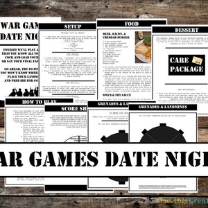Puede incluir: Un conjunto de hojas impresas en blanco y negro con instrucciones para una "Noche de Citas de Juegos de Guerra". Las hojas incluyen secciones para la configuración, la comida, el postre y las instrucciones de juego. El título "War Games Date Night" se muestra.