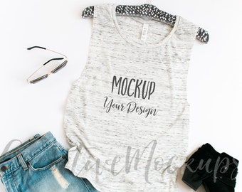Download Free White Marble Muscle Tank Mockup with black boots/ Bella + Canvas Muscle Tank top Mockup B8803 / Flat Lay Mockup PSD Template