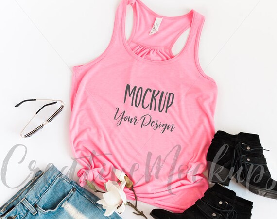 Neon Pink Racerback Tank Top Mockup Bella