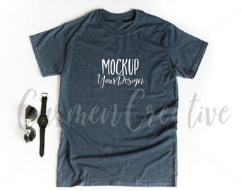 Download Gildan Simple Dark Heather Blue T-Shirt Mockup / Masculine ...