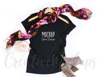 Download Free Fall Black Shirt Bella Canvas Mockup 3001 / Bella Canvas Mockup with Gold Hanger / Flat Lay Feminine Mockups PSD Template