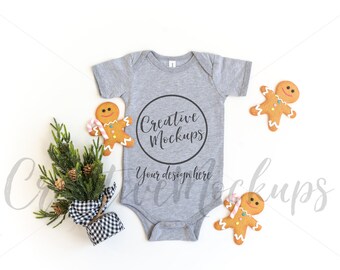 Download Free Set of 2 Athletic Heather Christmas Baby Bodysuit Mockup / Bella and Canvas Bodysuit Mockup 100B / 2 Digital Images Included! PSD Template