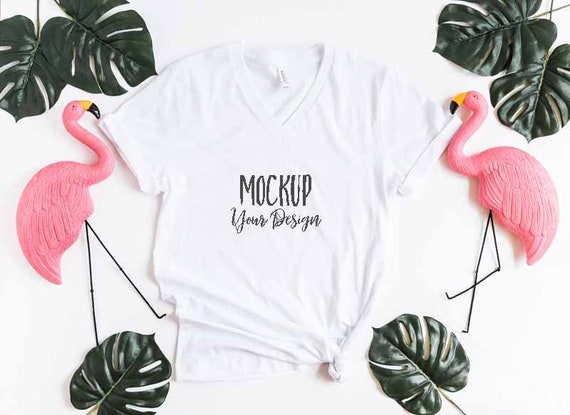 Flamingo Style White Vneck Shirt Mockup Bella Flamingo Style White Vneck Shirt Mockup Bella