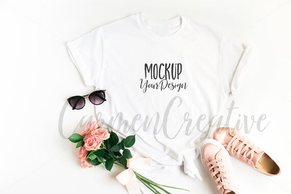 Gildan White Simple T-Shirt Mockup Feminine Apparel Mockup Gildan White Simple T-Shirt Mockup Feminine Apparel Mockup