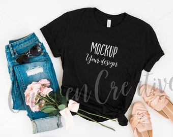Download Free Bella + Canvas Black Shirt Mockup 3001 / Feminine Apparel Mockup / Flat Lay Black Shirt Photo PSD Template
