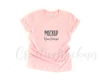 Download Free Bella and Canvas Basic Pink Shirt Mockup 3001 / Bella Canvas Mockups / Flat Lay Feminine Mockups PSD Template