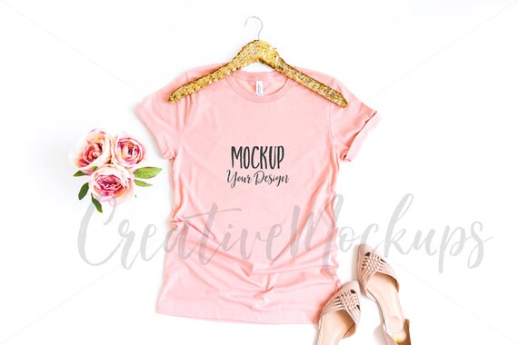 Bella And Canvas Pink Shirt Mockup 3001 With Gold