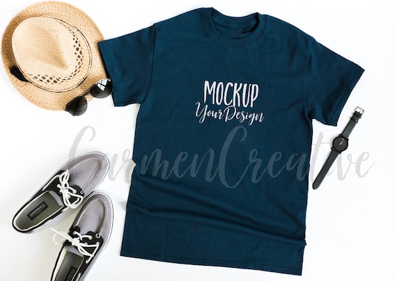 Download Gildan Navy Blue T-Shirt Mockup Masculine Apparel Mockup ...