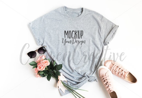 Gildan Gray Simple T-Shirt Mockup Feminine Apparel Mockup