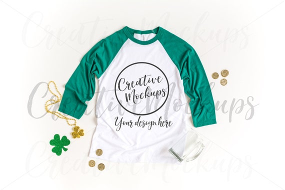 Bella  Canvas Kelly White Raglan Shirt Mockup 3200