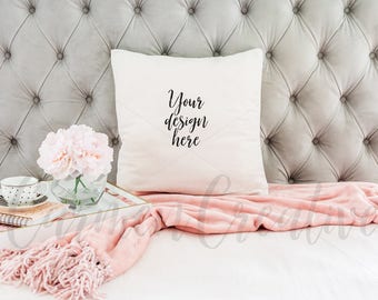 Download White Pillow Mockup Pillow Mockup On Tufted Gray Background Product Background Digital Download Packaging Mockups Templates PSD Mockup Templates