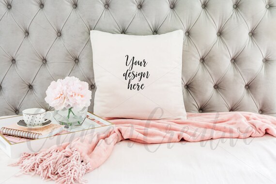 White Pillow Mockup Pillow Mockup On Tufted Gray